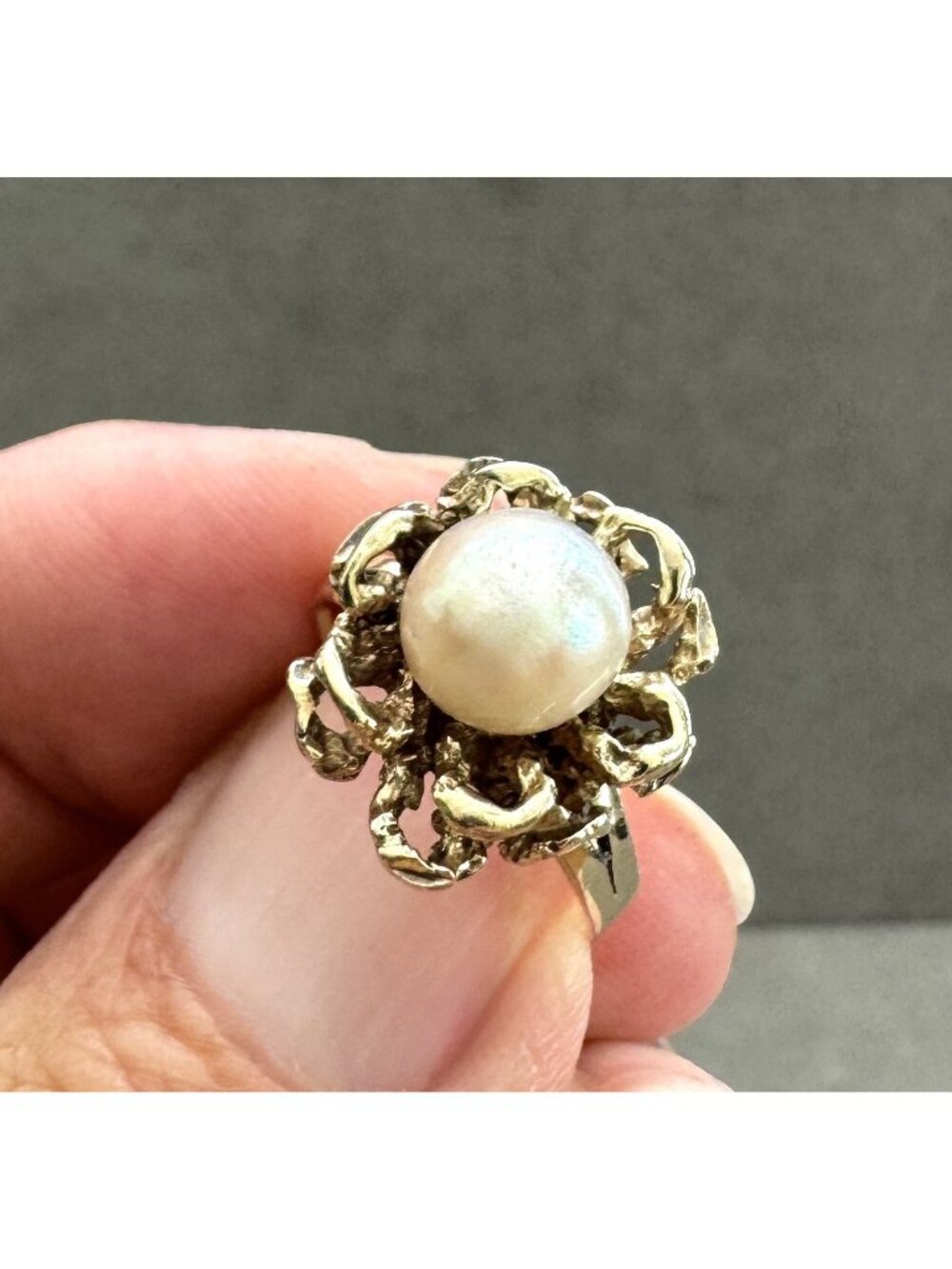 BRUTALIST Flower 14K Yellow GOLD with PEARL RING Size 6 Vintage 4.81g MODERNIST